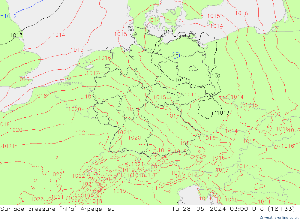 Atmosférický tlak Arpege-eu Út 28.05.2024 03 UTC