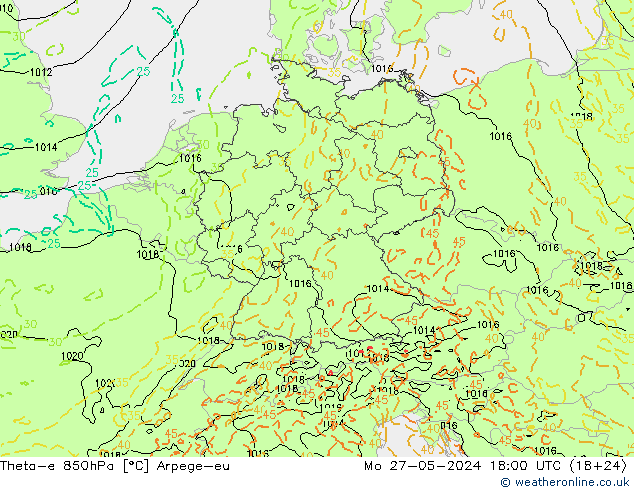 Theta-e 850hPa Arpege-eu lun 27.05.2024 18 UTC