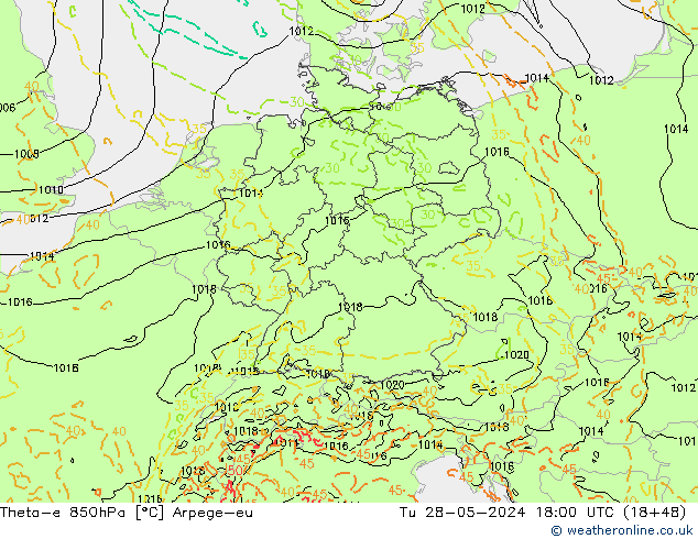 Theta-e 850hPa Arpege-eu Tu 28.05.2024 18 UTC