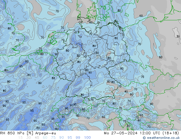 RH 850 hPa Arpege-eu Mo 27.05.2024 12 UTC