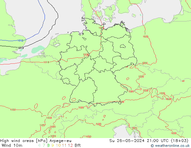 High wind areas Arpege-eu Su 26.05.2024 21 UTC