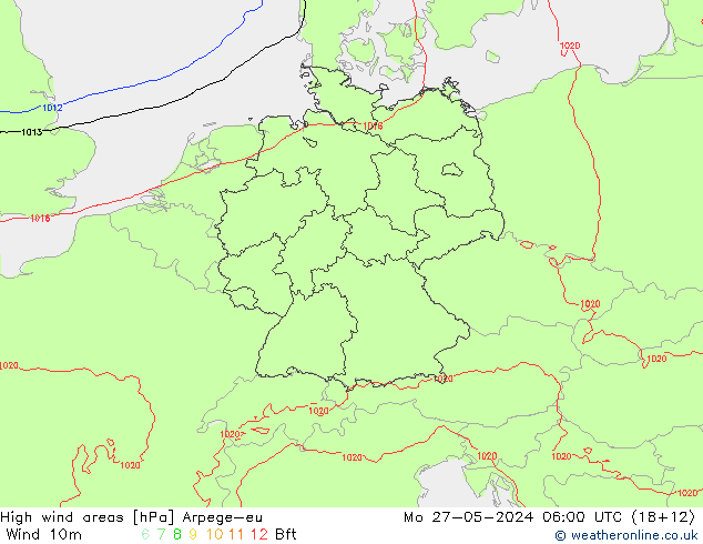 High wind areas Arpege-eu Po 27.05.2024 06 UTC