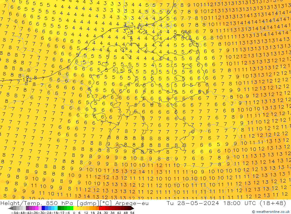 Height/Temp. 850 hPa Arpege-eu Út 28.05.2024 18 UTC