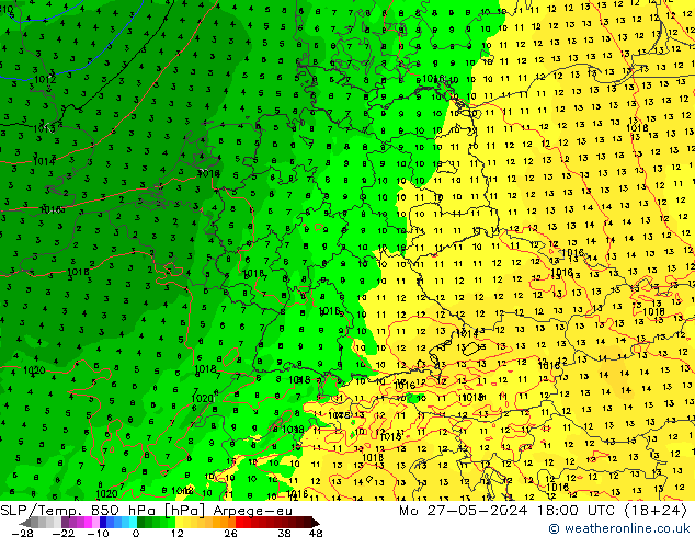 SLP/Temp. 850 hPa Arpege-eu ma 27.05.2024 18 UTC