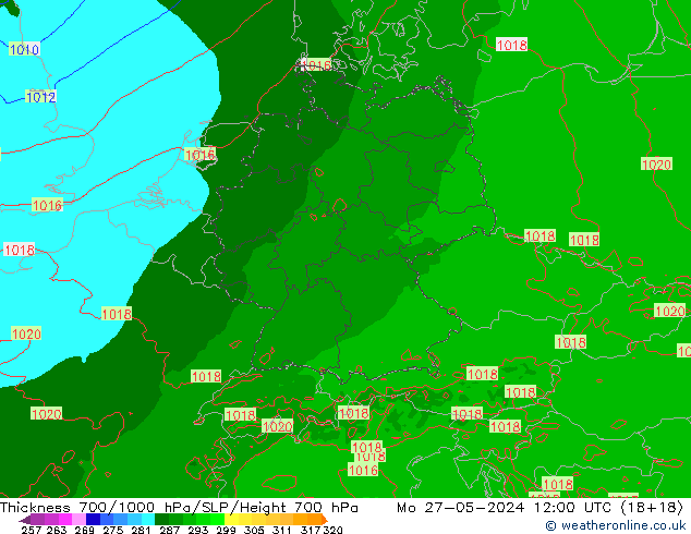 Thck 700-1000 hPa Arpege-eu Mo 27.05.2024 12 UTC