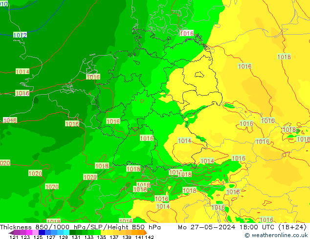 Dikte 850-1000 hPa Arpege-eu ma 27.05.2024 18 UTC