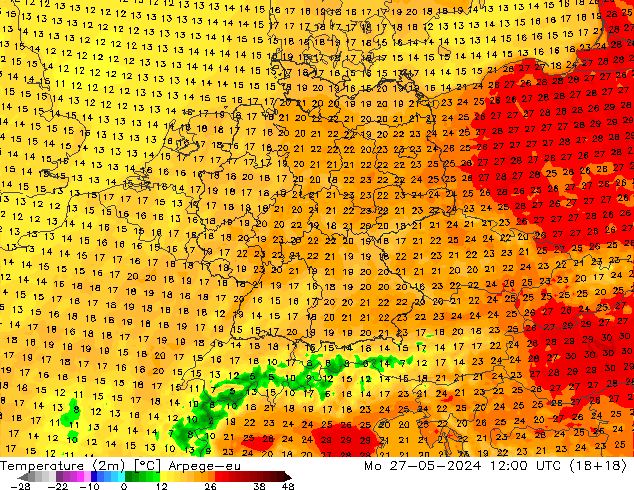 mapa temperatury (2m) Arpege-eu pon. 27.05.2024 12 UTC