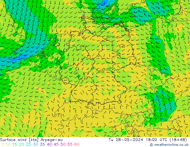 Surface wind Arpege-eu Út 28.05.2024 18 UTC