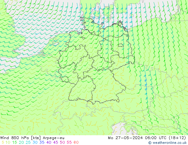 Wind 850 hPa Arpege-eu Mo 27.05.2024 06 UTC