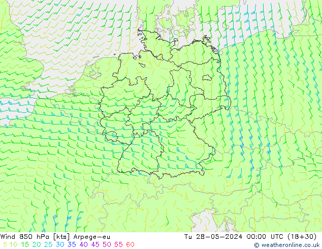 Wind 850 hPa Arpege-eu Út 28.05.2024 00 UTC