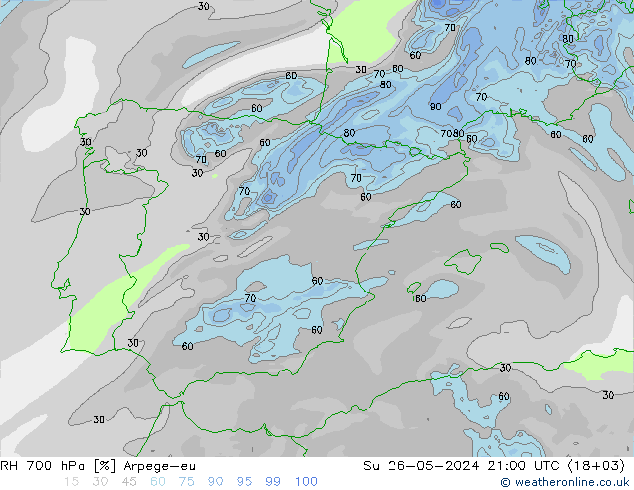 RH 700 hPa Arpege-eu Su 26.05.2024 21 UTC