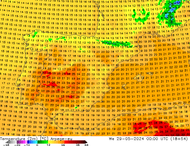 Sıcaklık Haritası (2m) Arpege-eu Çar 29.05.2024 00 UTC