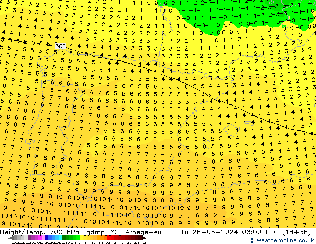 Height/Temp. 700 hPa Arpege-eu  28.05.2024 06 UTC