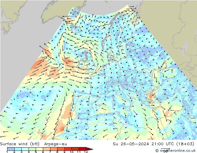 Surface wind (bft) Arpege-eu Ne 26.05.2024 21 UTC