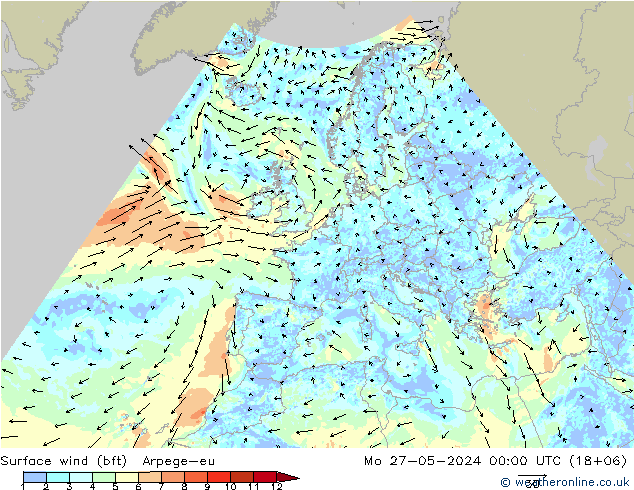 Surface wind (bft) Arpege-eu Mo 27.05.2024 00 UTC