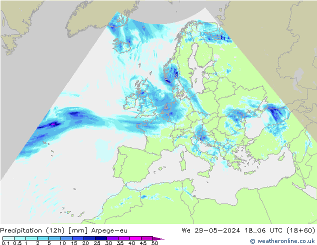 Totale neerslag (12h) Arpege-eu wo 29.05.2024 06 UTC