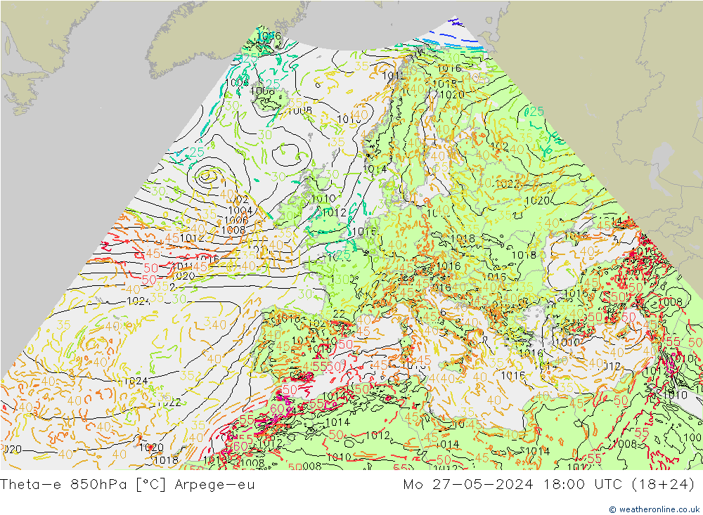 Theta-e 850hPa Arpege-eu Mo 27.05.2024 18 UTC