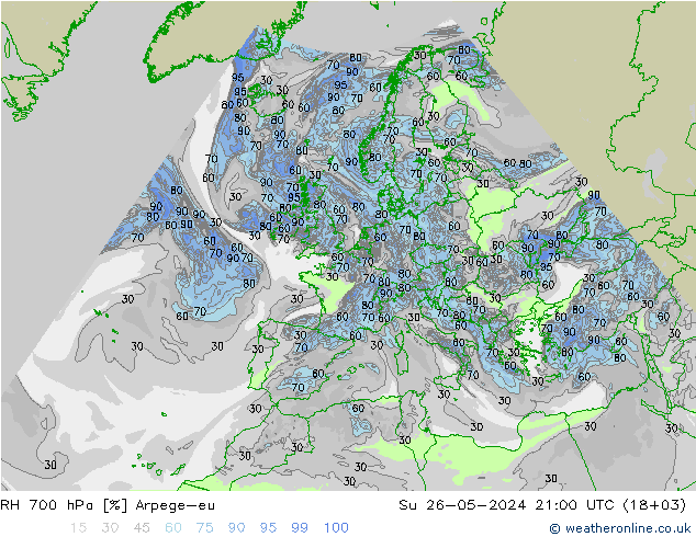 RH 700 hPa Arpege-eu Ne 26.05.2024 21 UTC