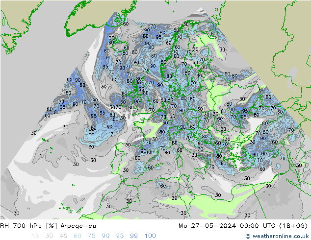 Humidité rel. 700 hPa Arpege-eu lun 27.05.2024 00 UTC