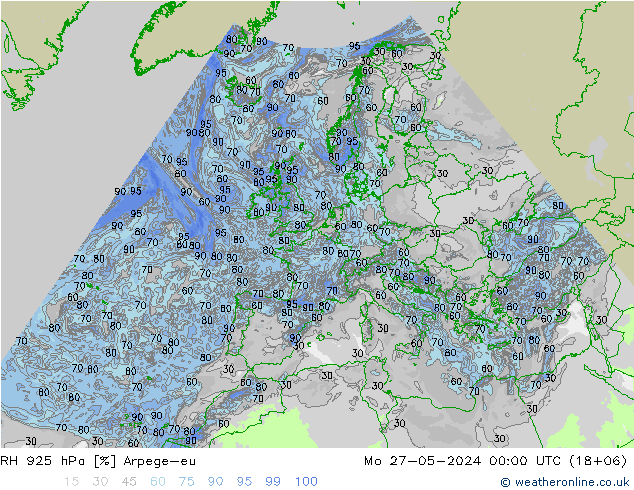 RH 925 hPa Arpege-eu pon. 27.05.2024 00 UTC