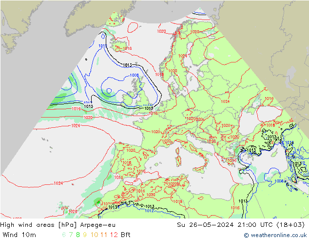 High wind areas Arpege-eu Вс 26.05.2024 21 UTC