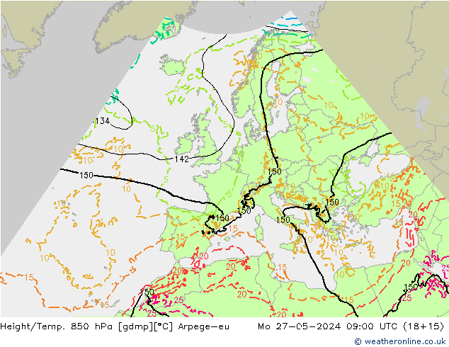 Height/Temp. 850 hPa Arpege-eu Mo 27.05.2024 09 UTC