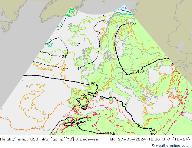 Height/Temp. 850 hPa Arpege-eu Mo 27.05.2024 18 UTC