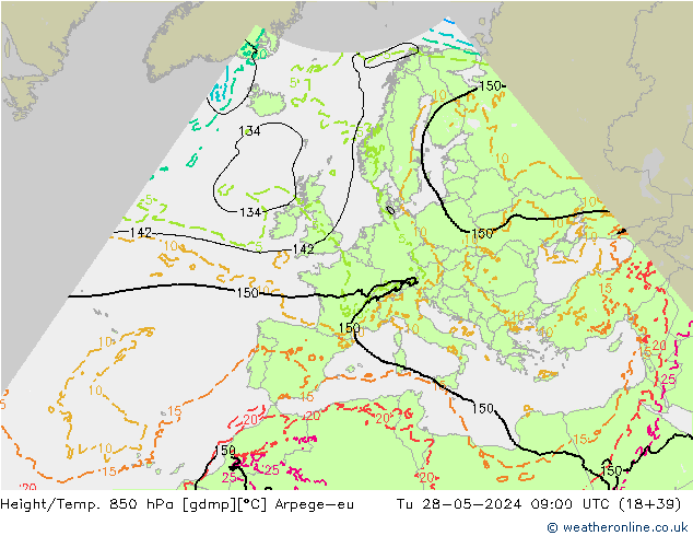 Hoogte/Temp. 850 hPa Arpege-eu di 28.05.2024 09 UTC