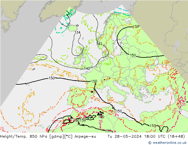 Hoogte/Temp. 850 hPa Arpege-eu di 28.05.2024 18 UTC