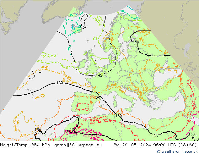 Hoogte/Temp. 850 hPa Arpege-eu wo 29.05.2024 06 UTC