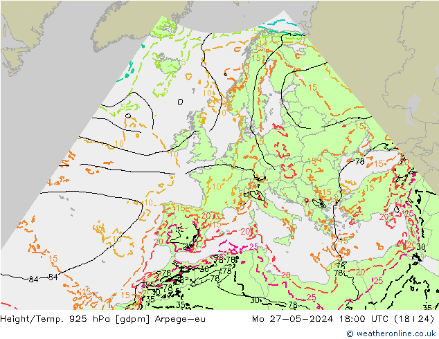 Height/Temp. 925 hPa Arpege-eu Mo 27.05.2024 18 UTC