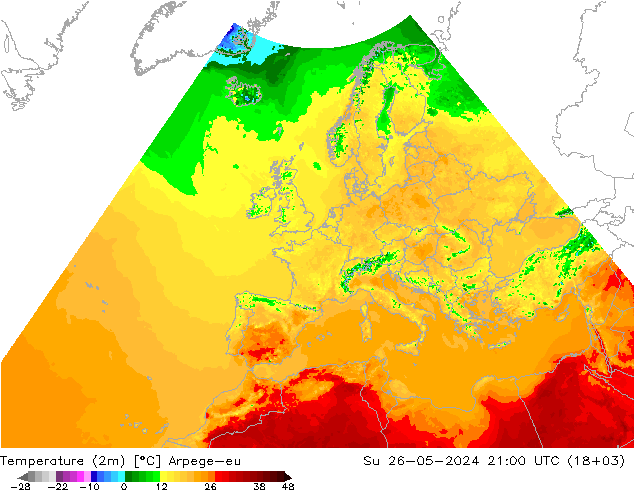 mapa temperatury (2m) Arpege-eu nie. 26.05.2024 21 UTC