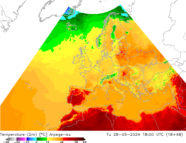 Temperatuurkaart (2m) Arpege-eu di 28.05.2024 18 UTC