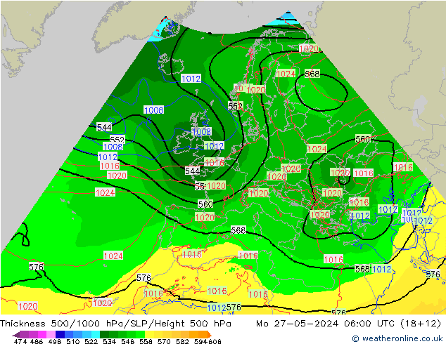 Schichtdicke 500-1000 hPa Arpege-eu Mo 27.05.2024 06 UTC