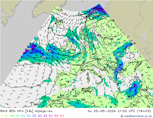 Wind 850 hPa Arpege-eu So 26.05.2024 21 UTC