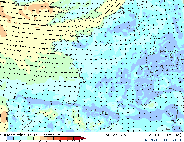 Bodenwind (bft) Arpege-eu So 26.05.2024 21 UTC