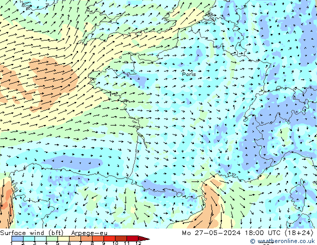 Bodenwind (bft) Arpege-eu Mo 27.05.2024 18 UTC