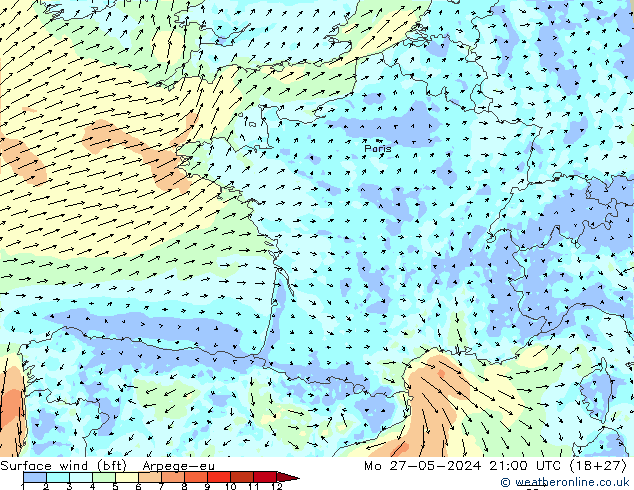 wiatr 10 m (bft) Arpege-eu pon. 27.05.2024 21 UTC