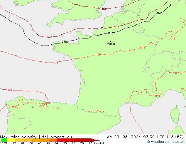 Windböen Arpege-eu Mi 29.05.2024 03 UTC