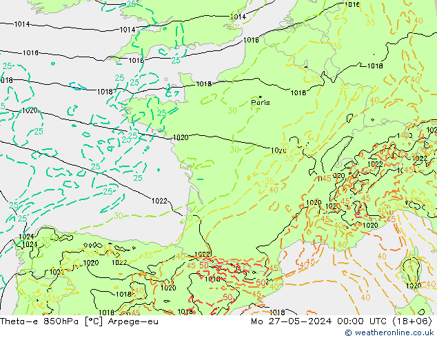 Theta-e 850hPa Arpege-eu Mo 27.05.2024 00 UTC