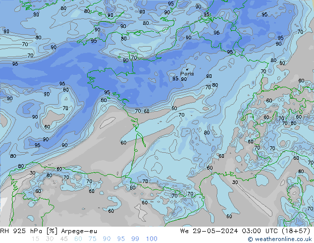 RH 925 hPa Arpege-eu We 29.05.2024 03 UTC