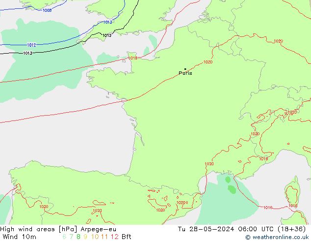 High wind areas Arpege-eu Út 28.05.2024 06 UTC