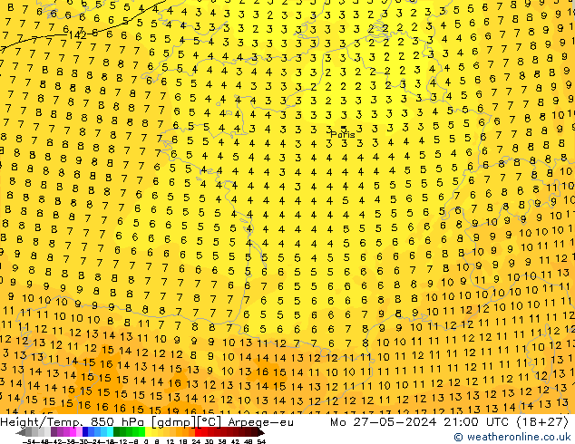 Yükseklik/Sıc. 850 hPa Arpege-eu Pzt 27.05.2024 21 UTC