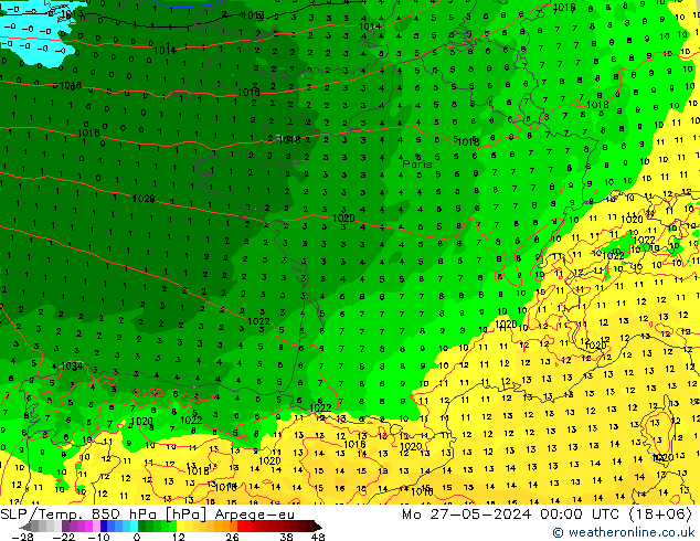 SLP/Temp. 850 hPa Arpege-eu Mo 27.05.2024 00 UTC