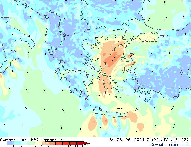 Vento 10 m (bft) Arpege-eu Dom 26.05.2024 21 UTC