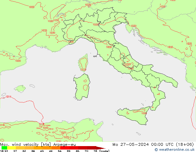 Max. wind velocity Arpege-eu Po 27.05.2024 00 UTC