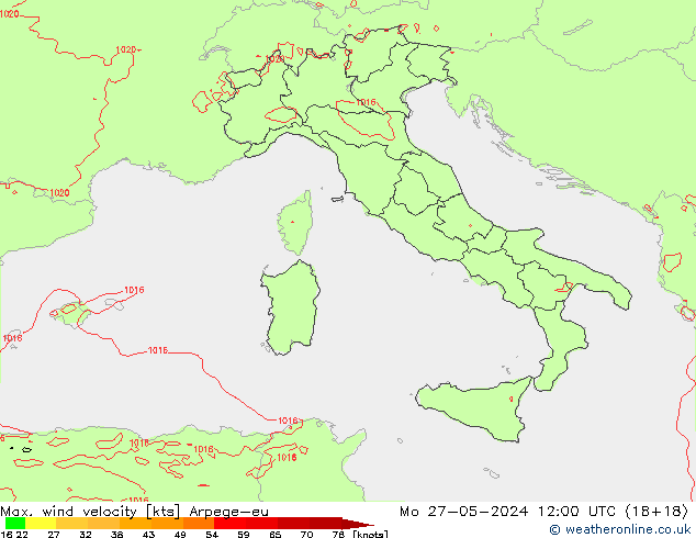 Max. wind velocity Arpege-eu Mo 27.05.2024 12 UTC