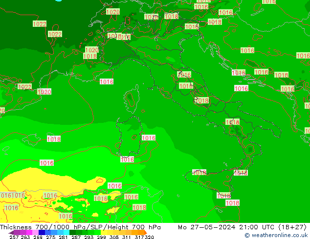 Thck 700-1000 hPa Arpege-eu Mo 27.05.2024 21 UTC