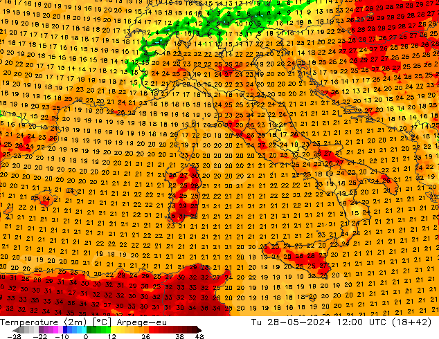 mapa temperatury (2m) Arpege-eu wto. 28.05.2024 12 UTC