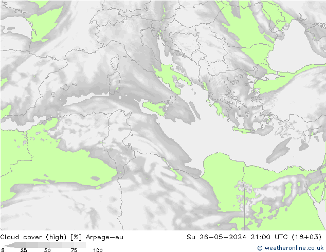 Cloud cover (high) Arpege-eu Su 26.05.2024 21 UTC